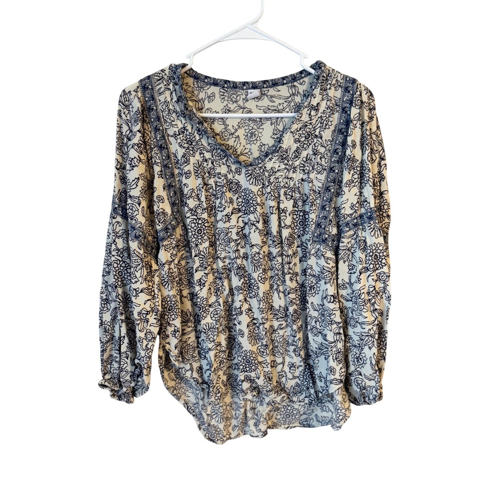 Old Navy Women Navy Blue Cream Floral Lace Trim Peasant Blouse Medium